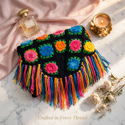 Handmade Crochet Shoulder Shawl – Black Base with Multicolor Rose Floral Blocks With Tessles