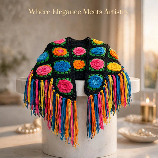 Handmade Crochet Shoulder Shawl – Black Base with Multicolor Rose Floral Blocks With Tessles
