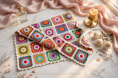 Handmade Crochet Traditional Shawl – Colorful Floral Block Design