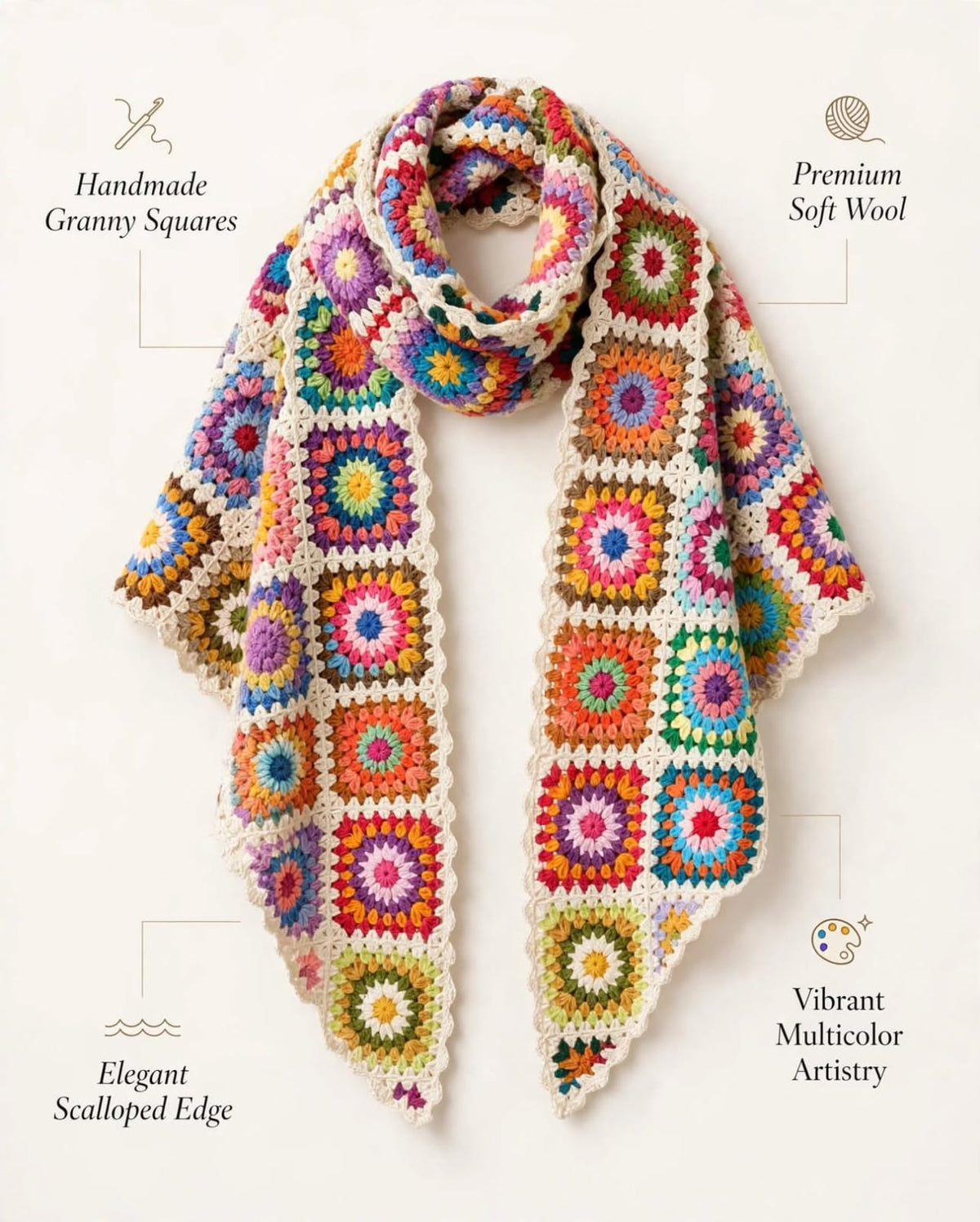 Handmade Crochet Traditional Shawl – Colorful Floral Block Design