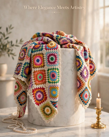 Handmade Crochet Traditional Shawl – Colorful Floral Block Design