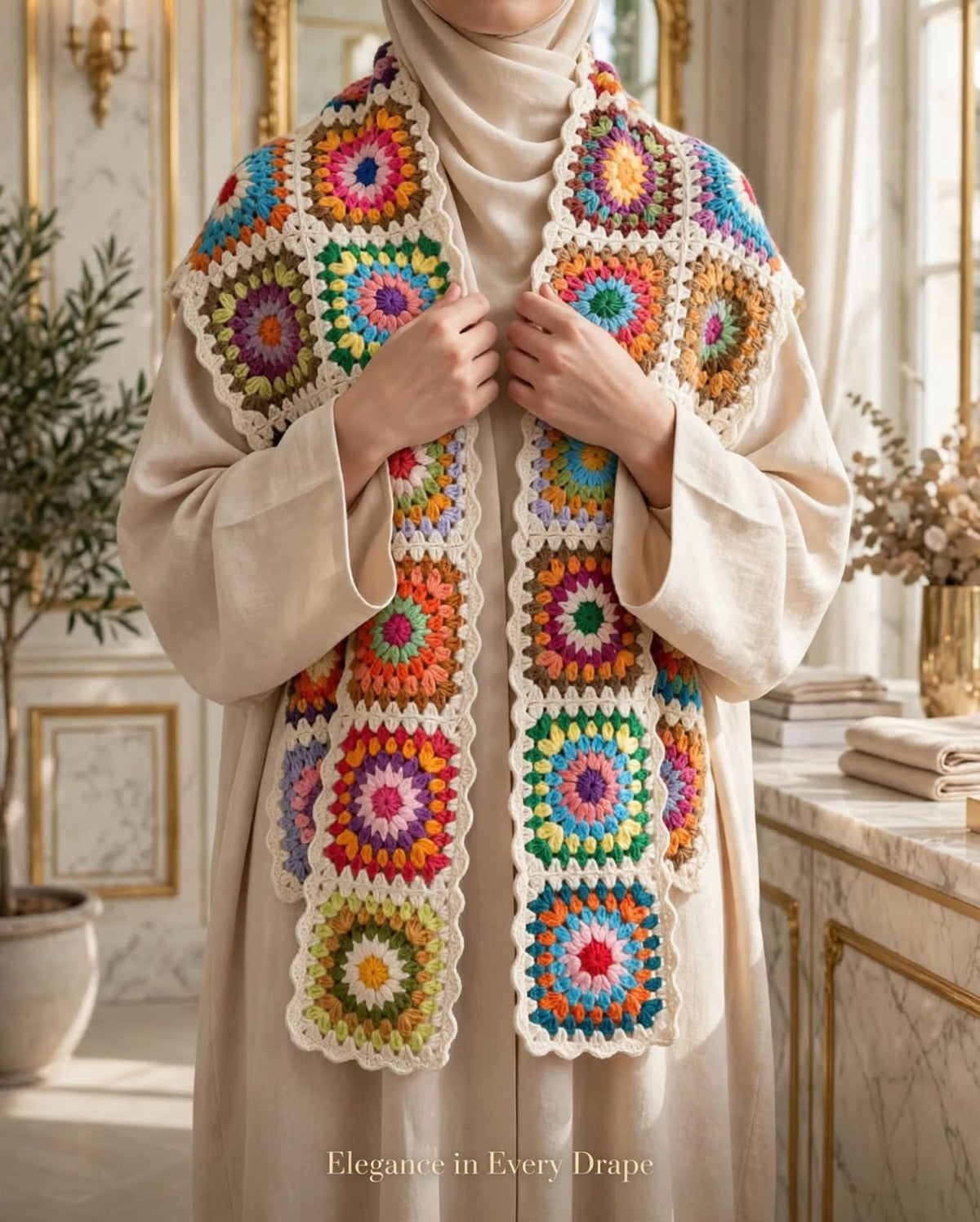 Handmade Crochet Traditional Shawl – Colorful Floral Block Design