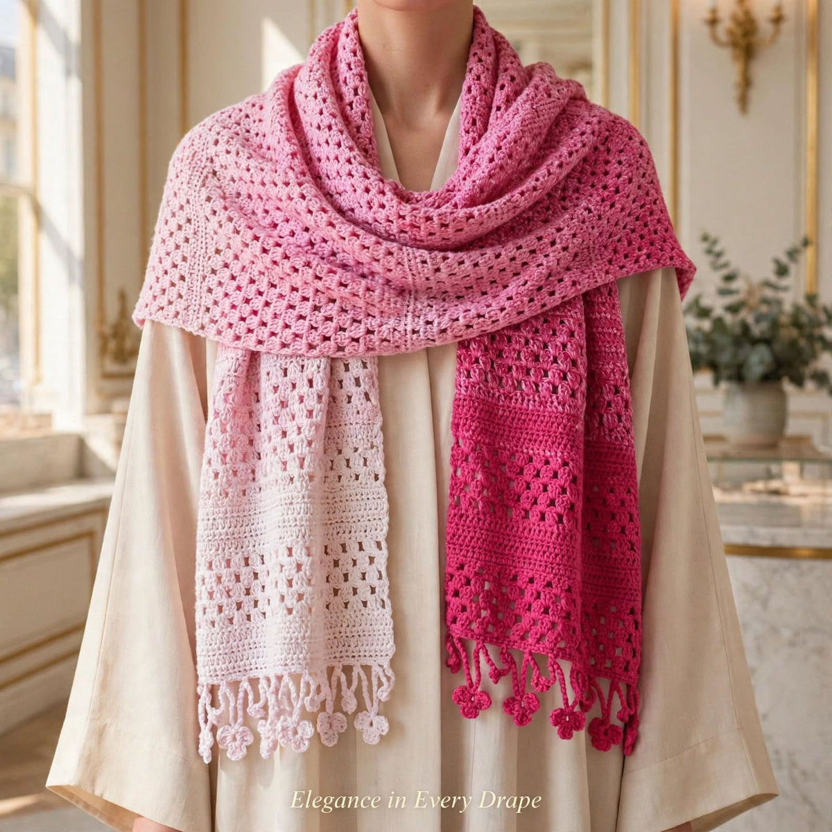 Handmade Crochet Shawl & Scarf – Light & Dark Pink Dyed Net Design