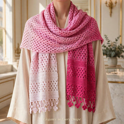 Handmade Crochet Shawl & Scarf – Light & Dark Pink Dyed Net Design