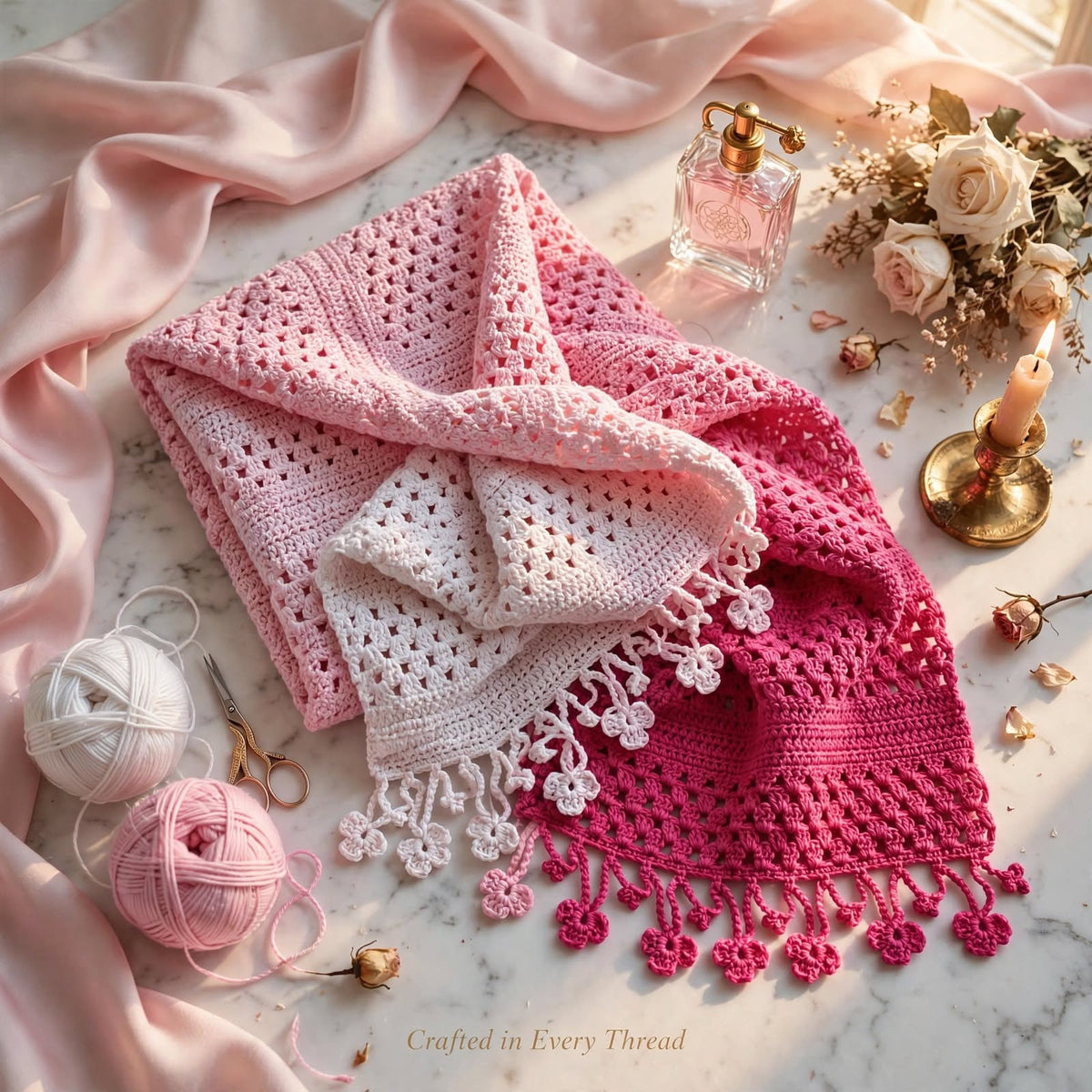 Handmade Crochet Shawl & Scarf – Light & Dark Pink Dyed Net Design