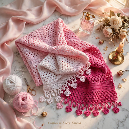 Handmade Crochet Shawl & Scarf – Light & Dark Pink Dyed Net Design