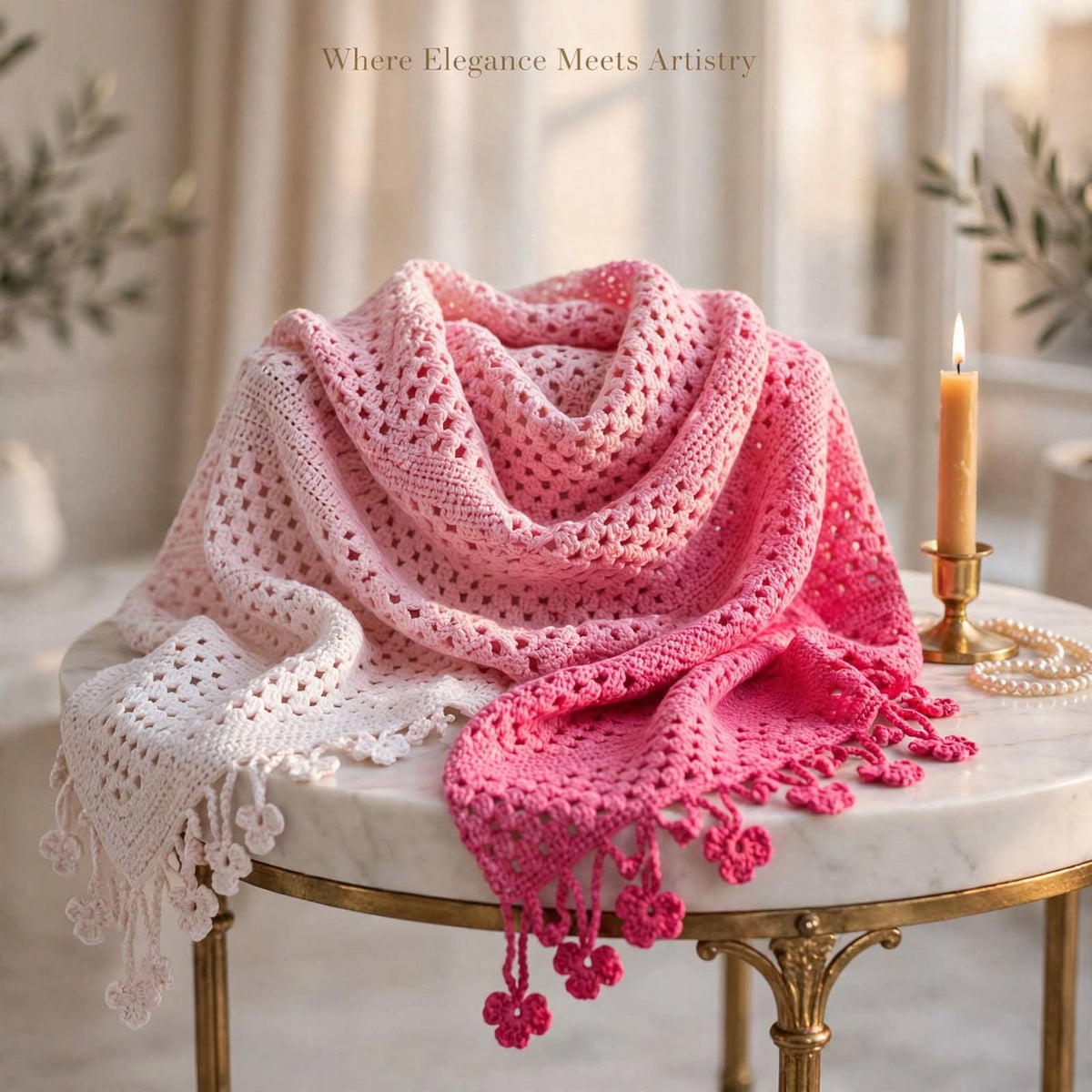 Handmade Crochet Shawl & Scarf – Light & Dark Pink Dyed Net Design