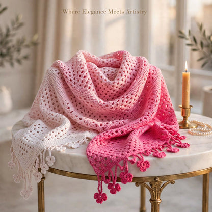 Handmade Crochet Shawl & Scarf – Light & Dark Pink Dyed Net Design