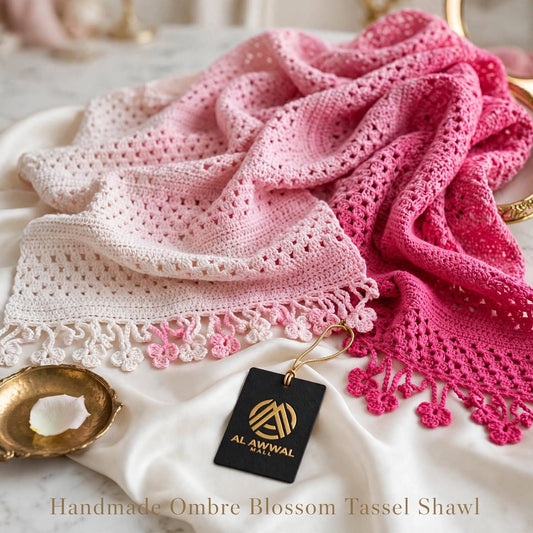Handmade Crochet Shawl & Scarf – Light & Dark Pink Dyed Net Design