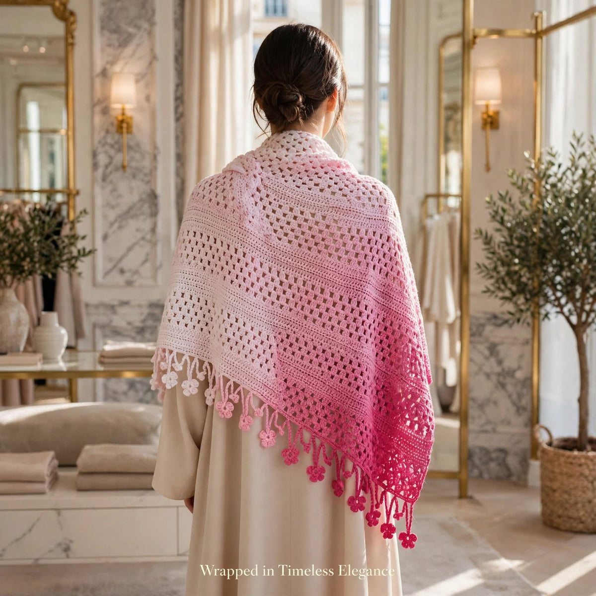 Handmade Crochet Shawl & Scarf – Light & Dark Pink Dyed Net Design