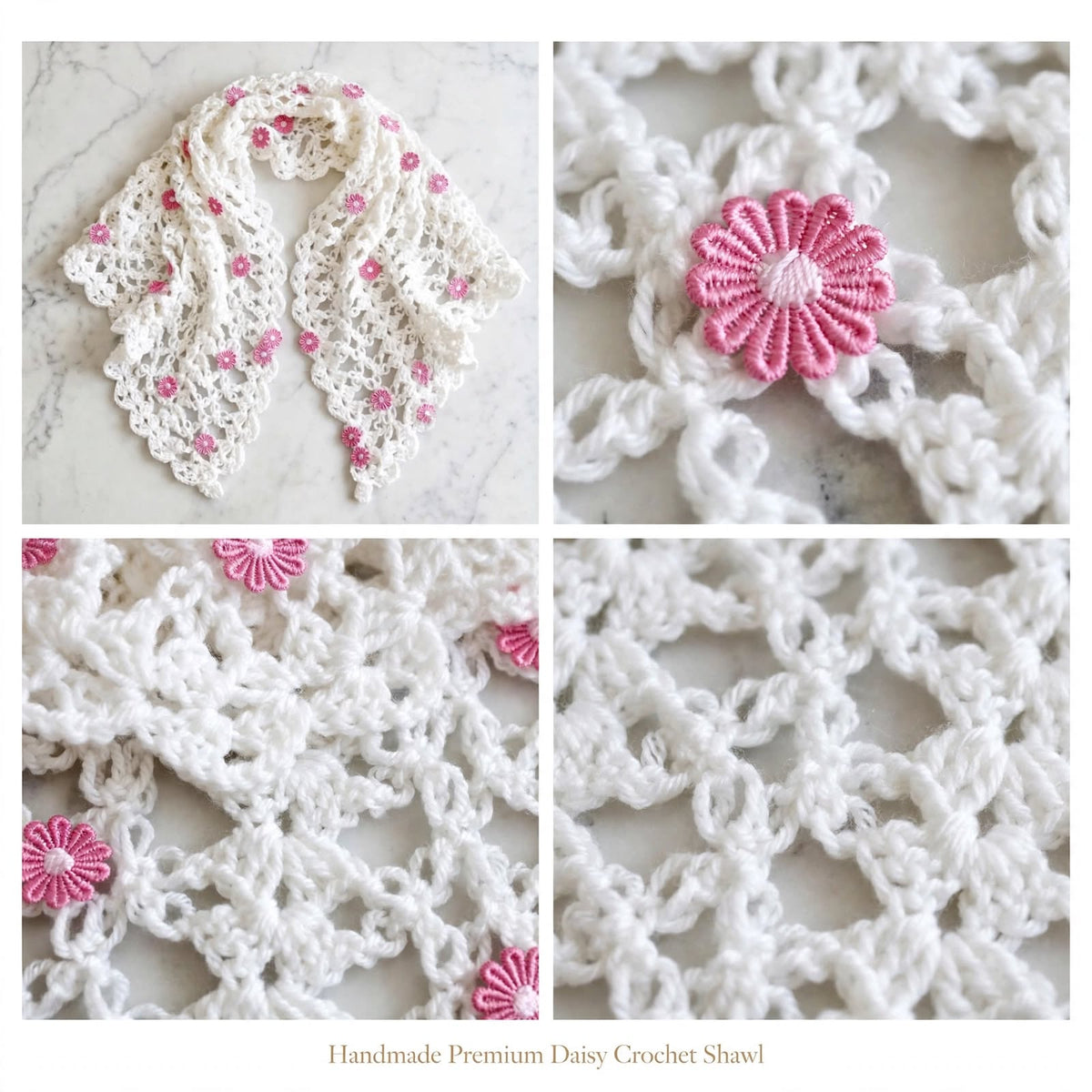 Handmade Crochet Shawl & Scarf – White with Baby Pink Floral Design