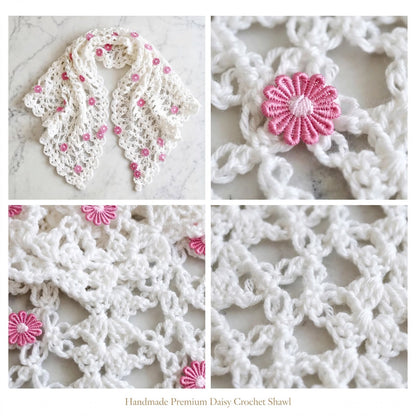 Handmade Crochet Shawl & Scarf – White with Baby Pink Floral Design
