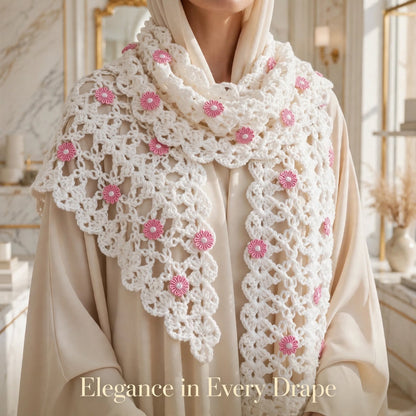 Handmade Crochet Shawl & Scarf – White with Baby Pink Floral Design