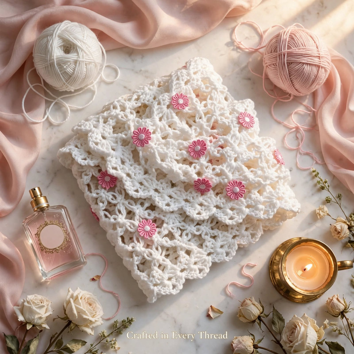 Handmade Crochet Shawl & Scarf – White with Baby Pink Floral Design