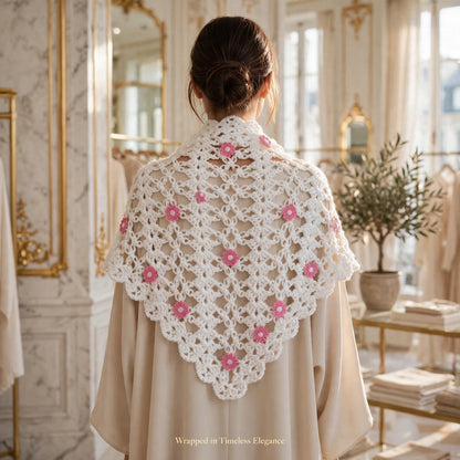 Handmade Crochet Shawl & Scarf – White with Baby Pink Floral Design