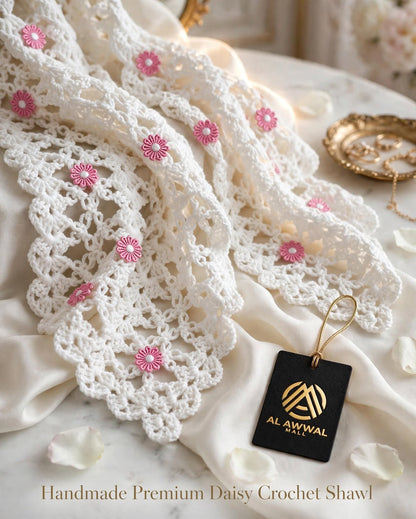 Handmade Crochet Shawl & Scarf – White with Baby Pink Floral Design