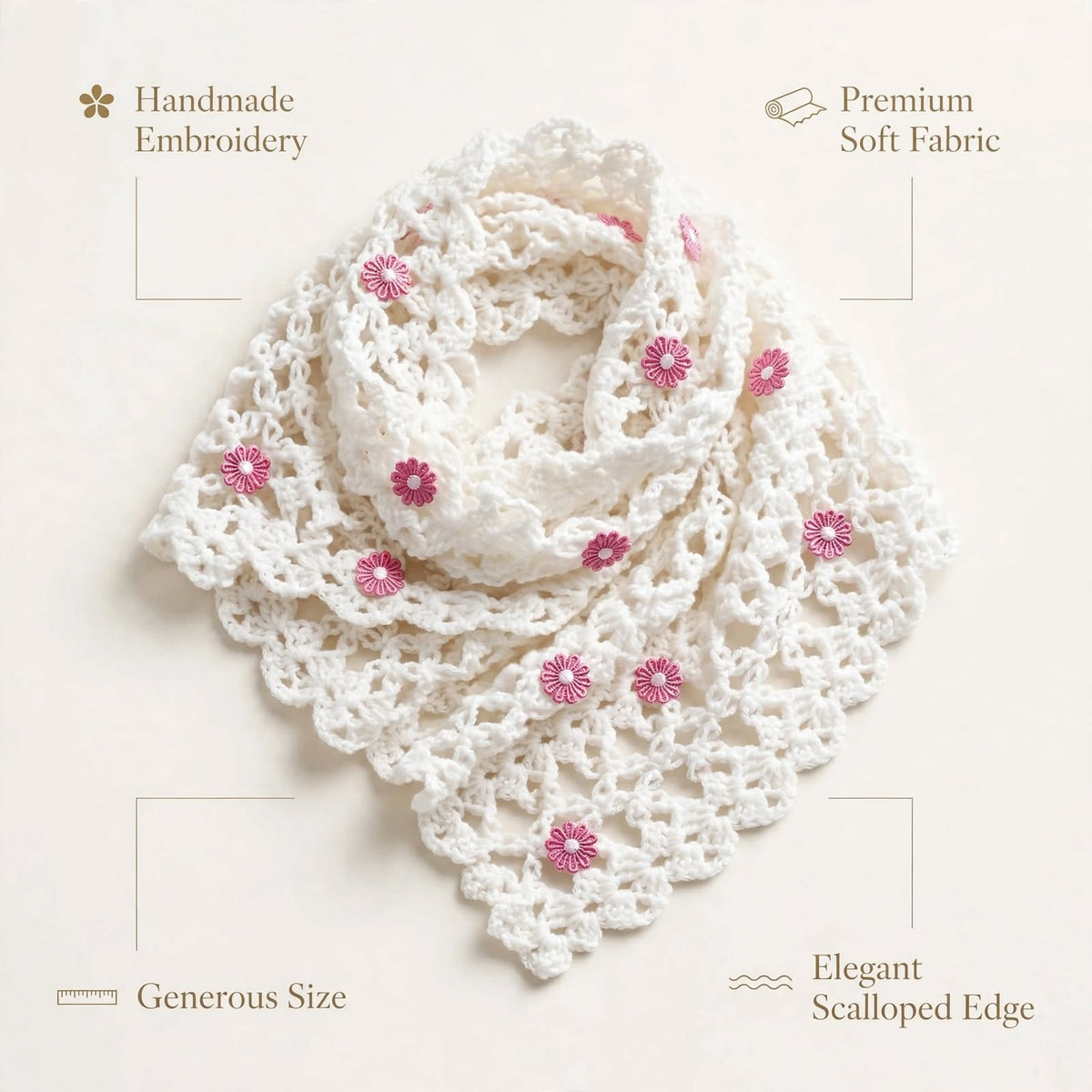 Handmade Crochet Shawl & Scarf – White with Baby Pink Floral Design