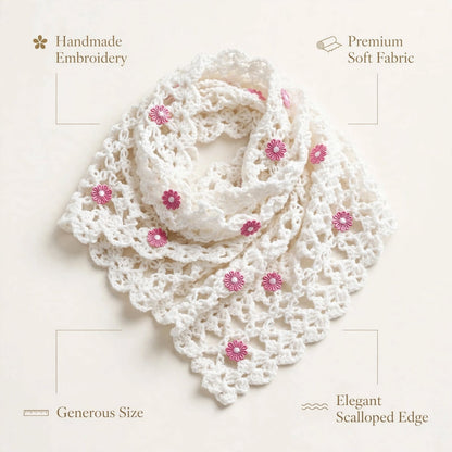 Handmade Crochet Shawl & Scarf – White with Baby Pink Floral Design