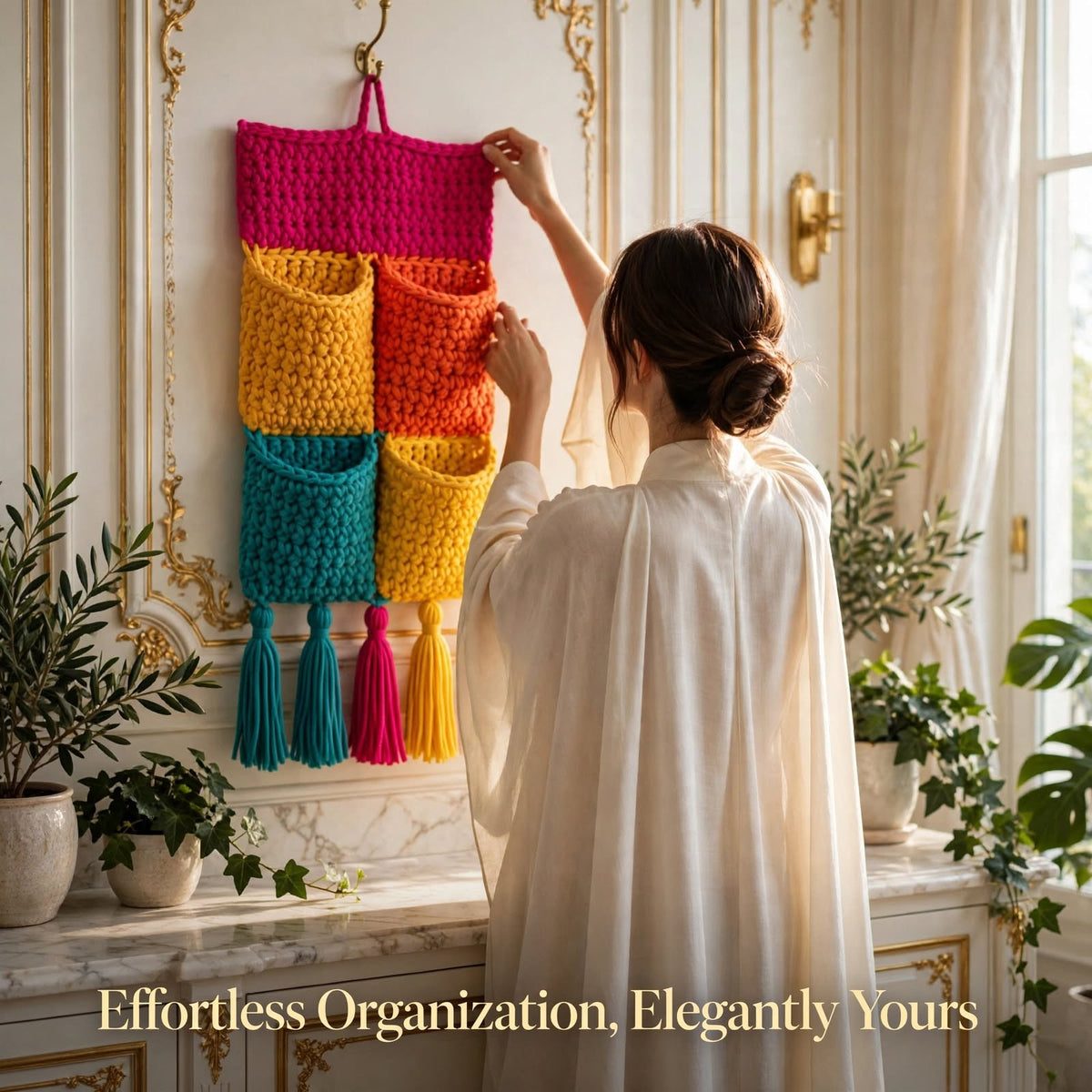 Handmade Crochet Double Wall Pocket Organizer – 4 Pockets with Tassels