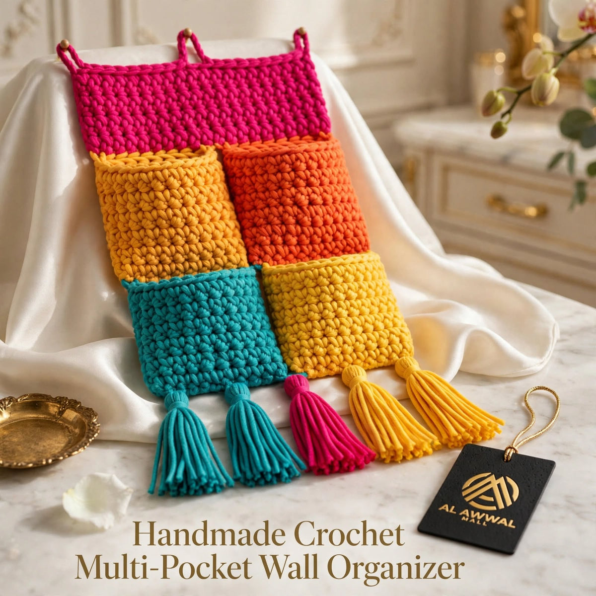 Handmade Crochet Double Wall Pocket Organizer – 4 Pockets with Tassels