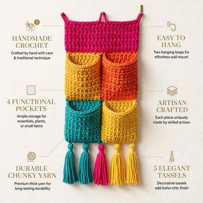 Handmade Crochet Double Wall Pocket Organizer – 4 Pockets with Tassels
