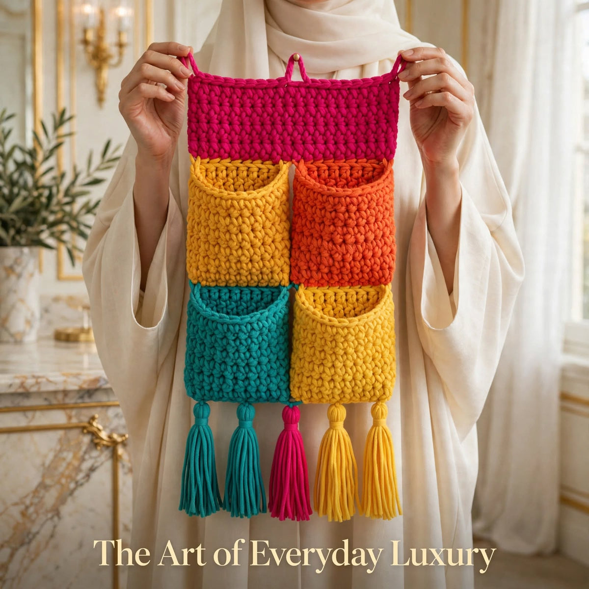 Handmade Crochet Double Wall Pocket Organizer – 4 Pockets with Tassels