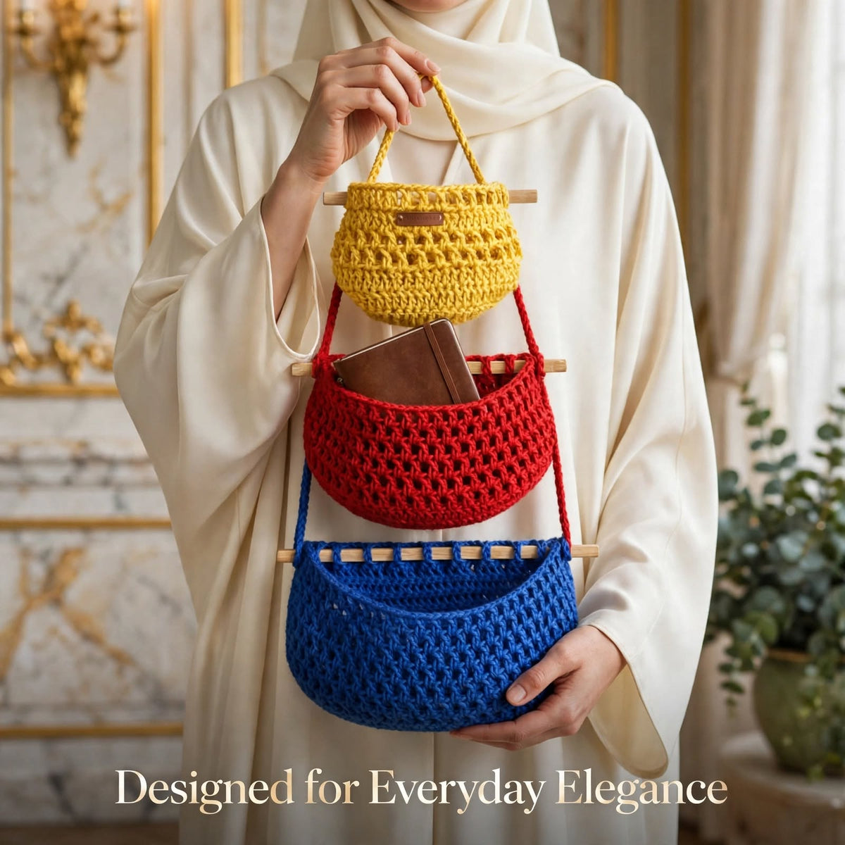 Handmade Crochet Tiered Nest-Style Wall Organizer – Yellow, Dark Red & Navy Blue