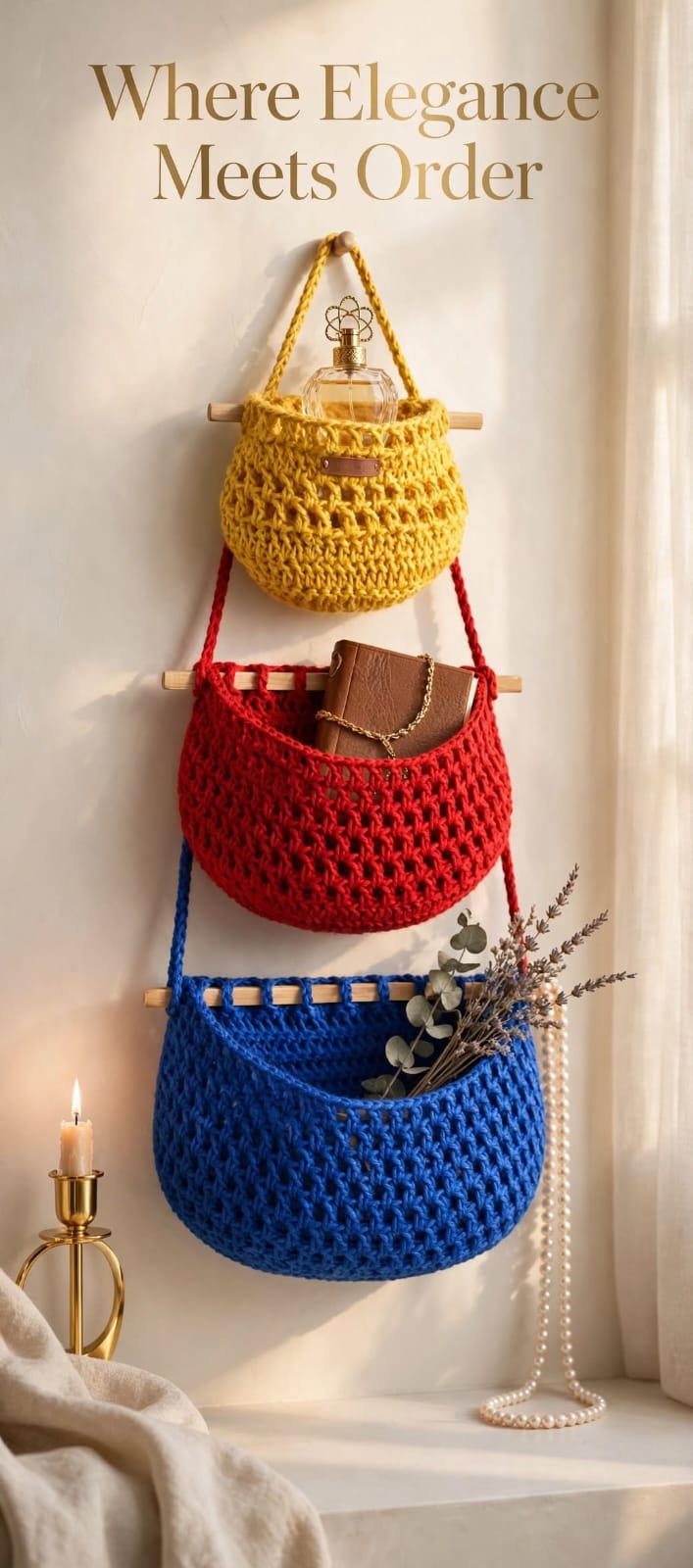 Handmade Crochet Tiered Nest-Style Wall Organizer – Yellow, Dark Red & Navy Blue