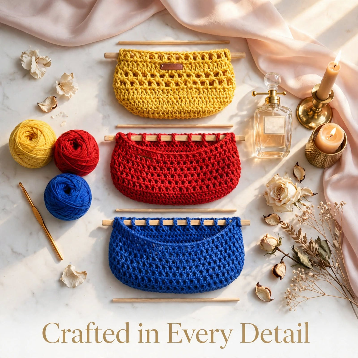 Handmade Crochet Tiered Nest-Style Wall Organizer – Yellow, Dark Red & Navy Blue