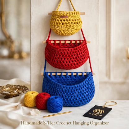 Handmade Crochet Tiered Nest-Style Wall Organizer – Yellow, Dark Red & Navy Blue