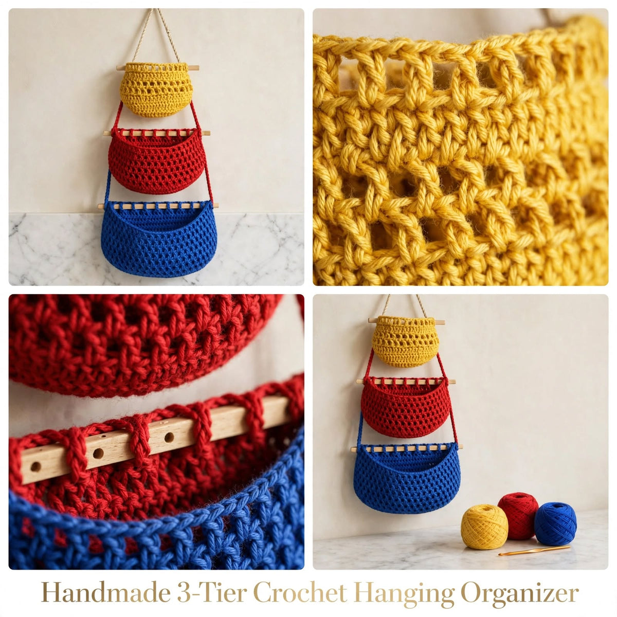 Handmade Crochet Tiered Nest-Style Wall Organizer – Yellow, Dark Red & Navy Blue