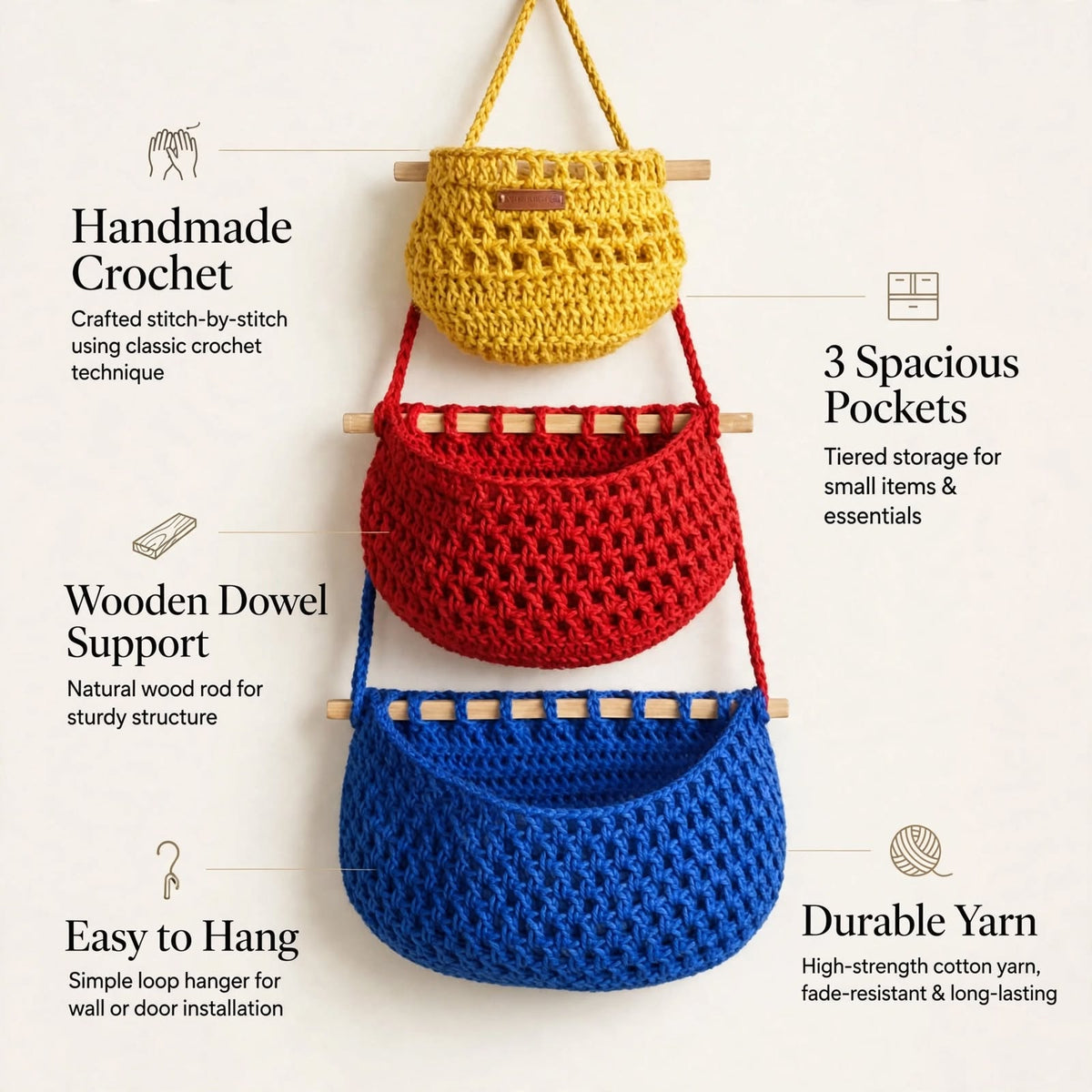 Handmade Crochet Tiered Nest-Style Wall Organizer – Yellow, Dark Red & Navy Blue