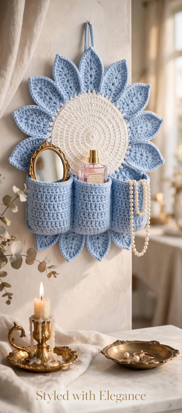 Handmade Crochet Sunflower Wall Organizer – Light Wine Blue with 3 Round Pockets