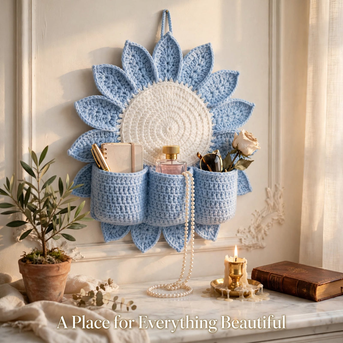 Handmade Crochet Sunflower Wall Organizer – Light Wine Blue with 3 Round Pockets