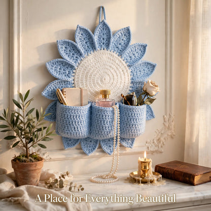 Handmade Crochet Sunflower Wall Organizer – Light Wine Blue with 3 Round Pockets