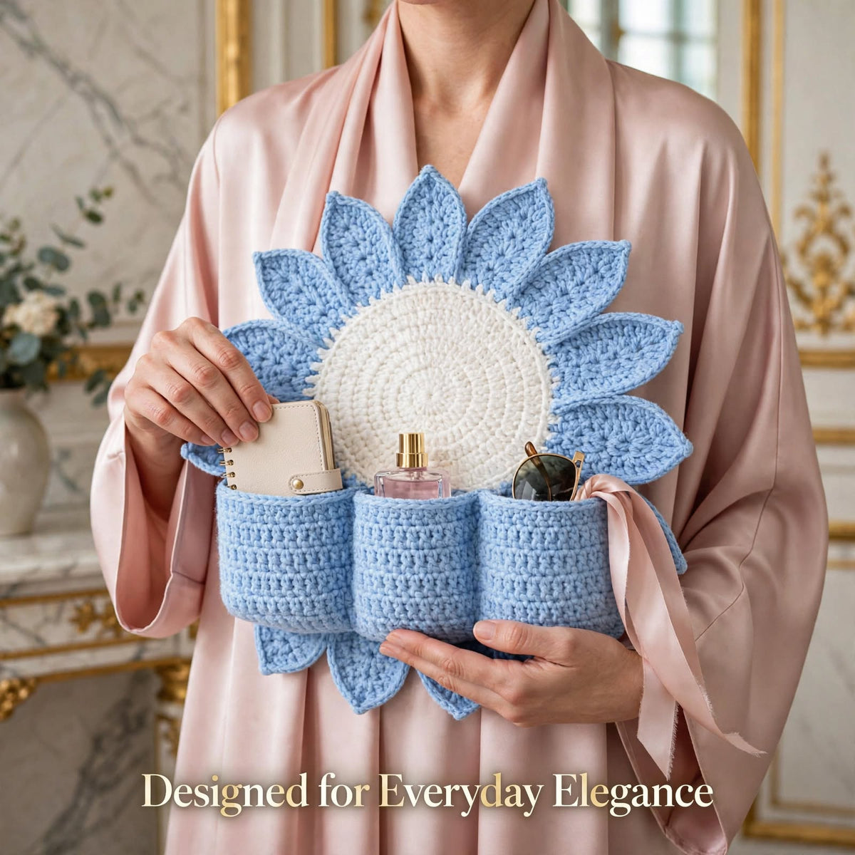 Handmade Crochet Sunflower Wall Organizer – Light Wine Blue with 3 Round Pockets