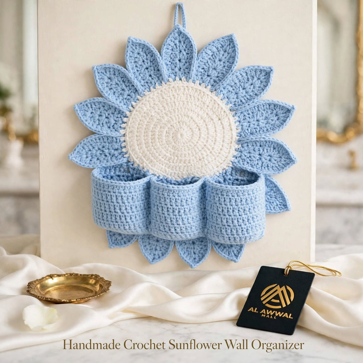 Handmade Crochet Sunflower Wall Organizer – Light Wine Blue with 3 Round Pockets
