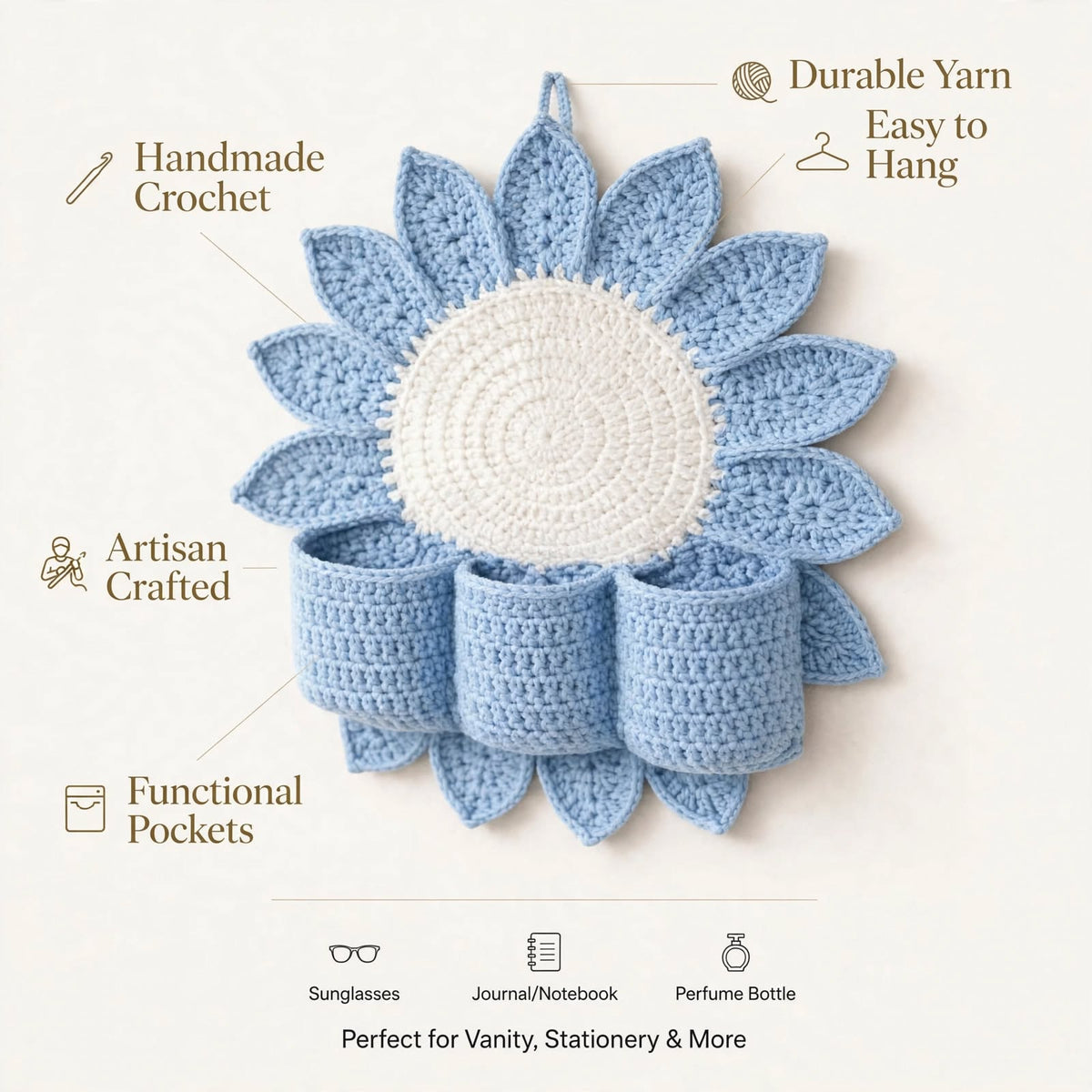Handmade Crochet Sunflower Wall Organizer – Light Wine Blue with 3 Round Pockets