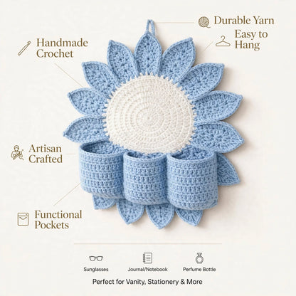 Handmade Crochet Sunflower Wall Organizer – Light Wine Blue with 3 Round Pockets