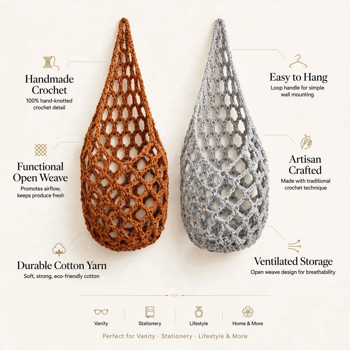 Handmade Crochet Mesh Wall Pocket Organizer – 2 Unique Color Options