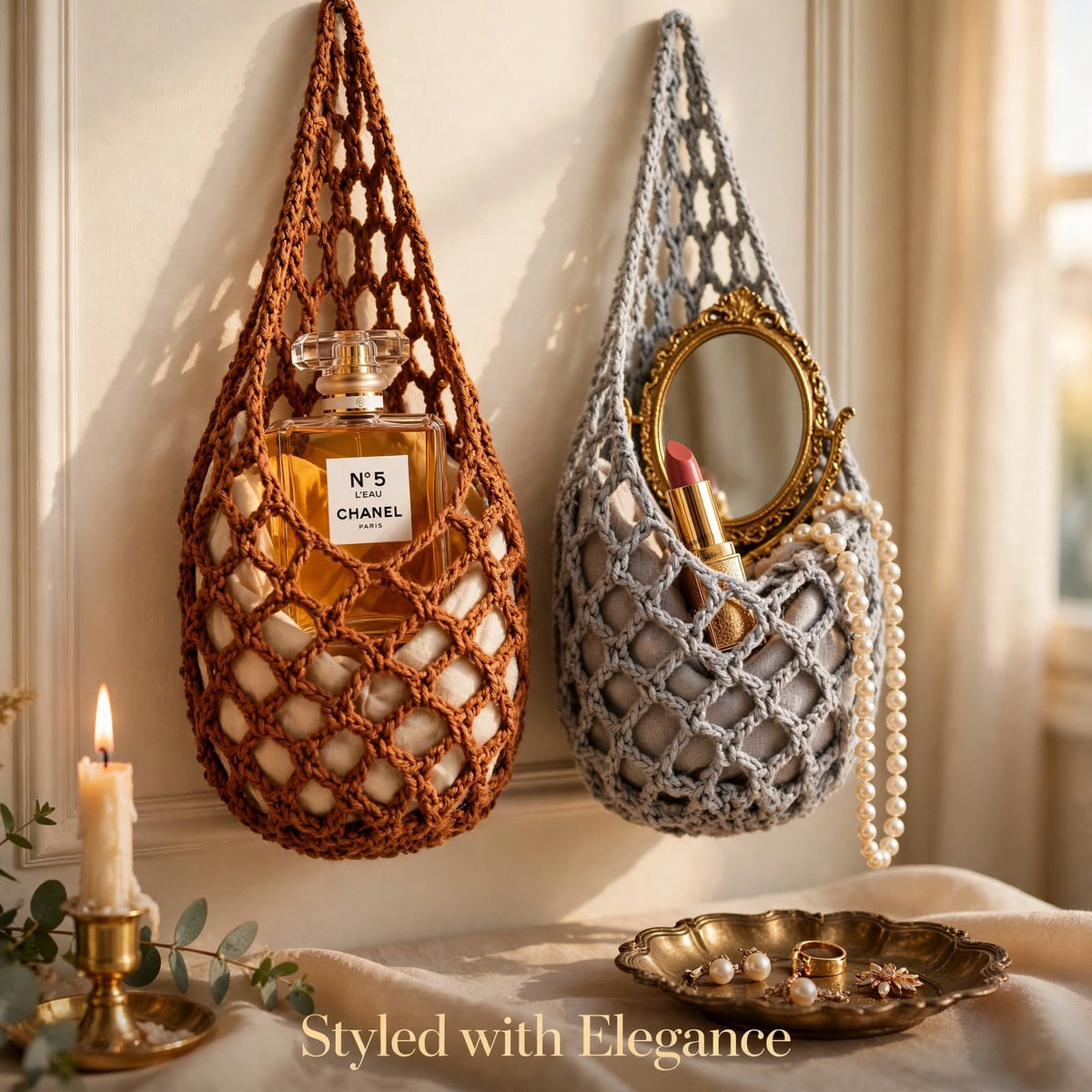 Handmade Crochet Mesh Wall Pocket Organizer – 2 Unique Color Options