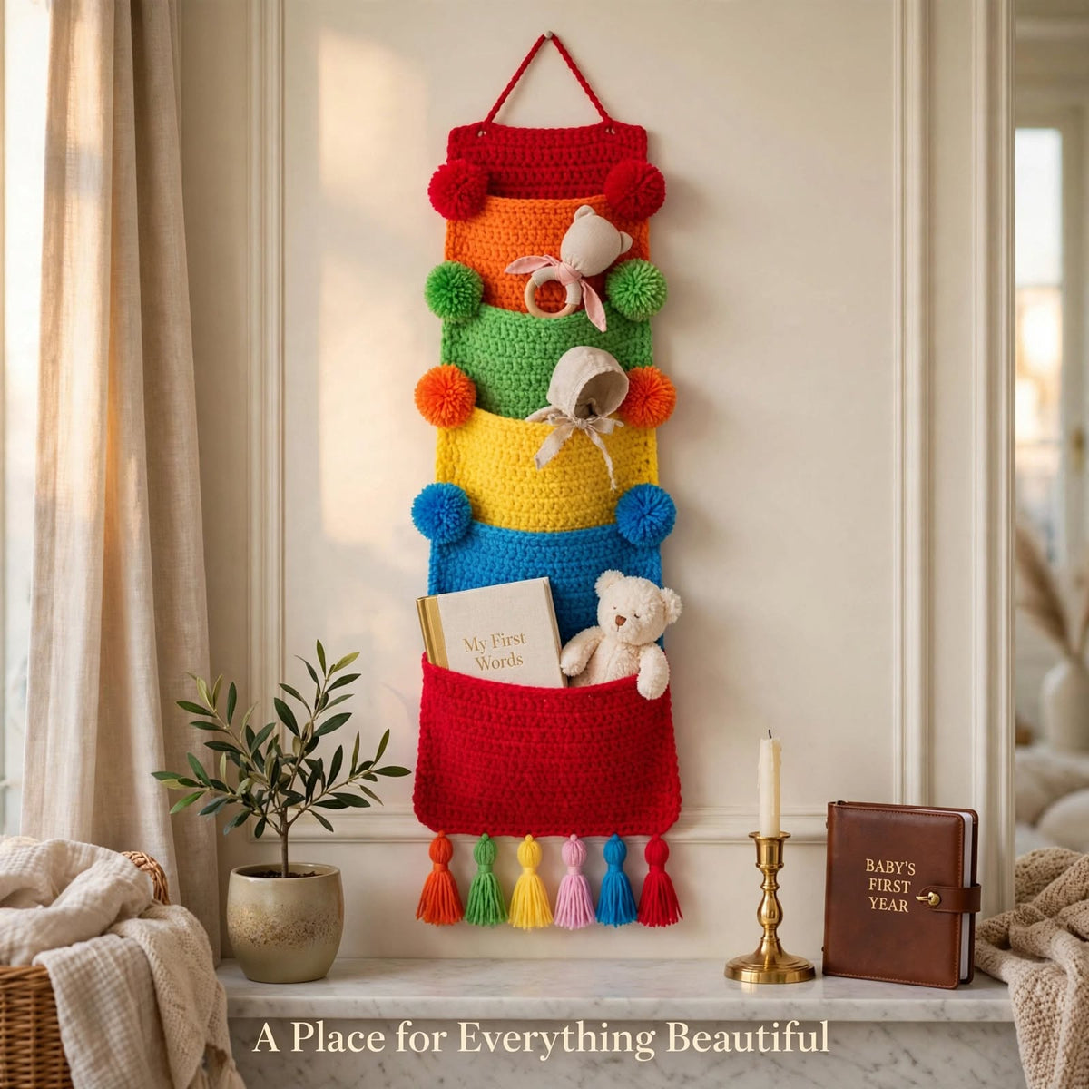 Handmade Crochet Single Wall Pocket Organizer – 5 Dark Color Pockets