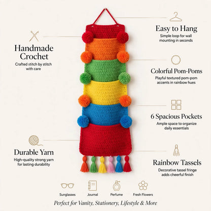 Handmade Crochet Single Wall Pocket Organizer – 5 Dark Color Pockets