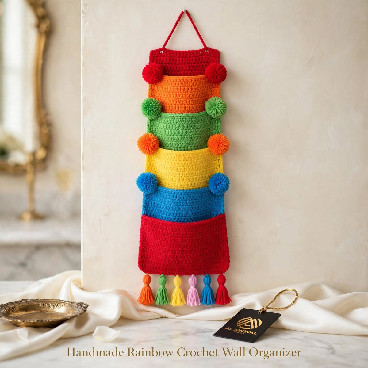 Handmade Crochet Single Wall Pocket Organizer – 5 Dark Color Pockets