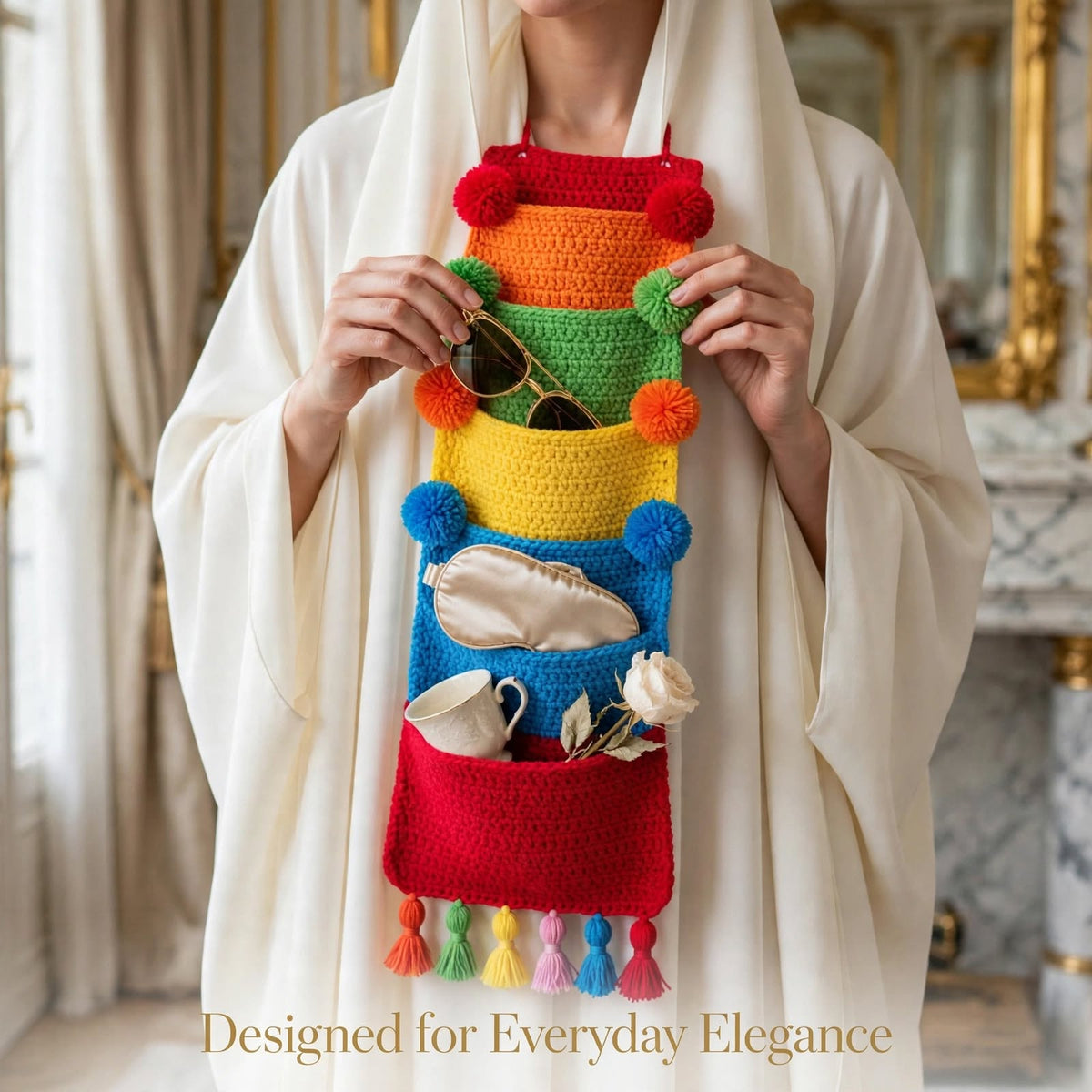 Handmade Crochet Single Wall Pocket Organizer – 5 Dark Color Pockets