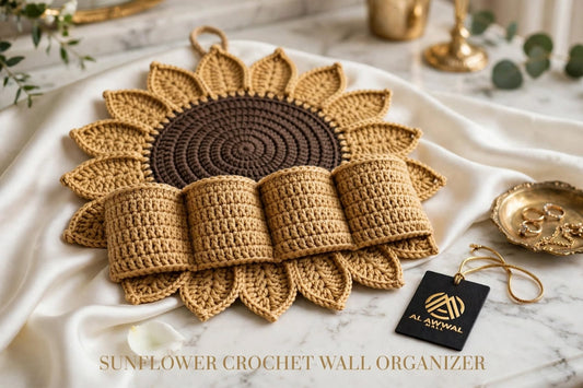 Handmade Crochet Sunflower Wall Organizer – Beige with 4 Round Pockets