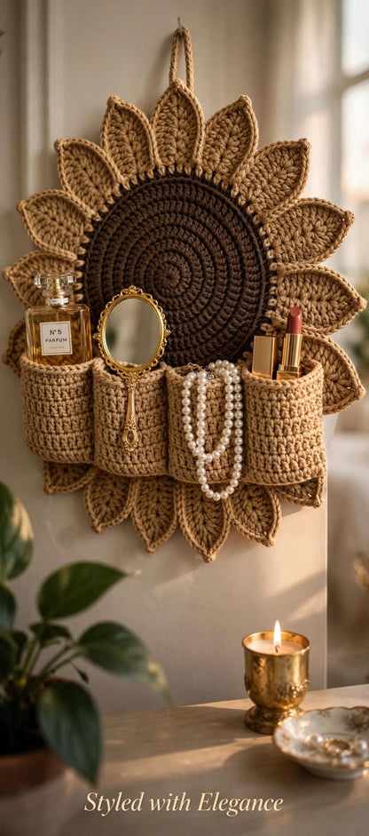 Handmade Crochet Sunflower Wall Organizer – Beige with 4 Round Pockets