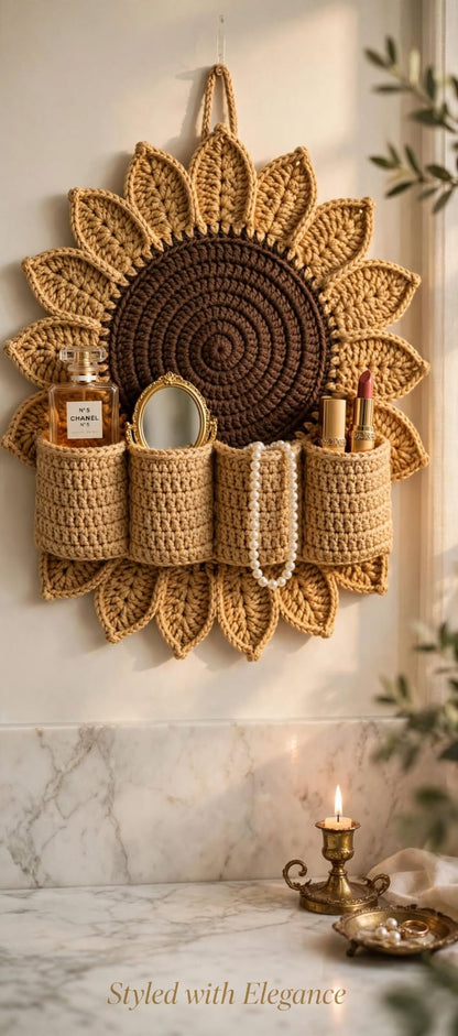 Handmade Crochet Sunflower Wall Organizer – Beige with 4 Round Pockets