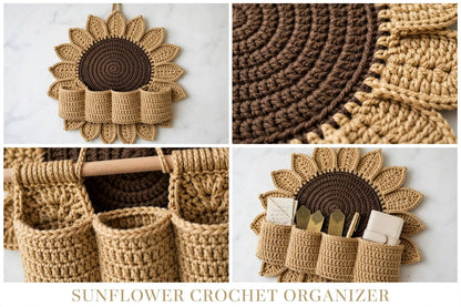 Handmade Crochet Sunflower Wall Organizer – Beige with 4 Round Pockets