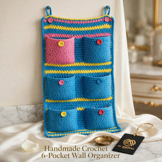 Handmade Crochet Wall Pocket Organizer – 6 Pockets with Blue & Pink Design
